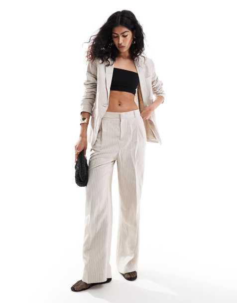Mango – Gerade geschnittene Hose aus Leinenmix in gestreiftem Beige, Kombiteil - view 1