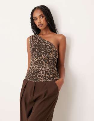 Mango - Gerafftes Oberteil in Braun mit One-Shoulder-Träger und Leopardenmuster-Brown