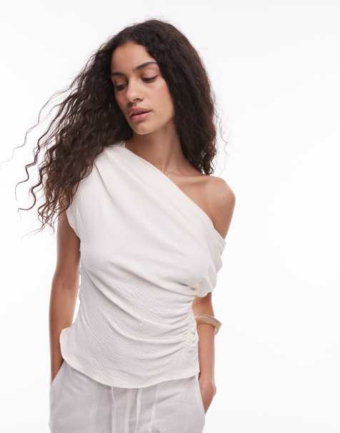 Mango – Gerafftes Oberteil in Weiß mit One-Shoulder-Träger - view 1