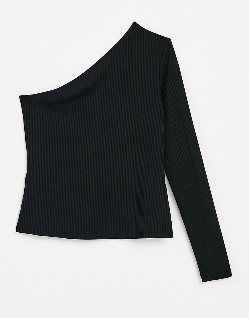 Mango - Geribbeld asymmetrisch T-shirt van gerecycled polyester in zwart