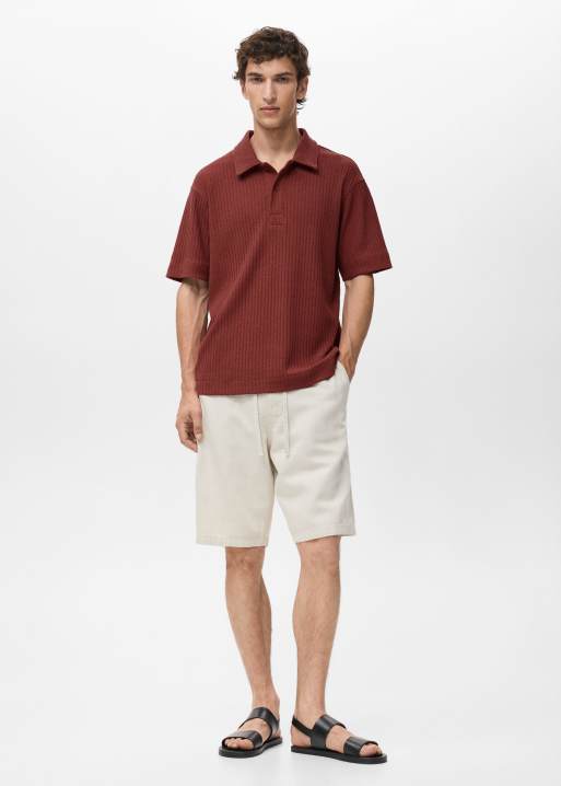 Mango - Geribbeld poloshirt met korte mouwen in donkerrood