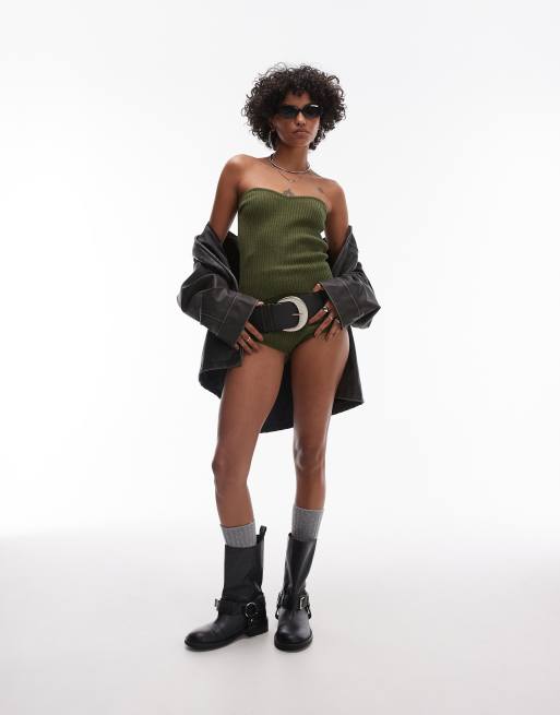 Mango - Geribbelde co-ord set met bandeautop en shorts in kaki