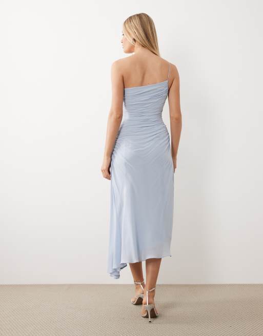 Mango - Gerimpelde maxi jurk met blote schouder en asymmetrische zoom in lichtblauw, 4 van 4