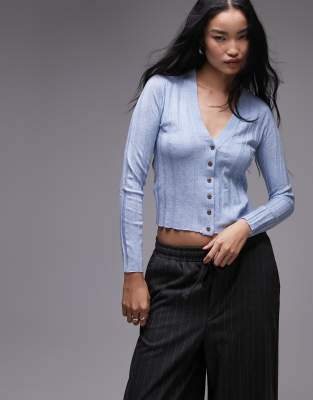 Thumbnail - Mango - Gerippte Strickjacke in Hellblau mit Knopfleiste