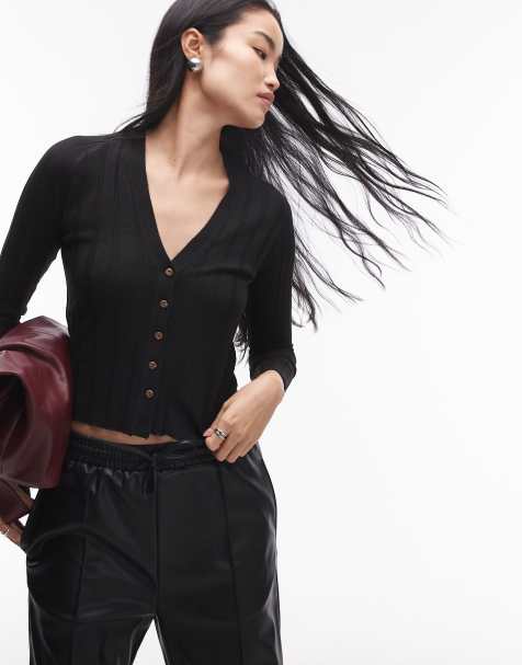 Mango – Gerippte Strickjacke in Schwarz mit durchgehender Knopfleiste - view 1