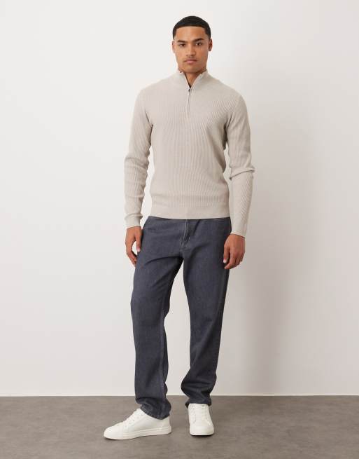 Mango – Gerippter Baumwollmix-Pullover in Ecru mit kurzem