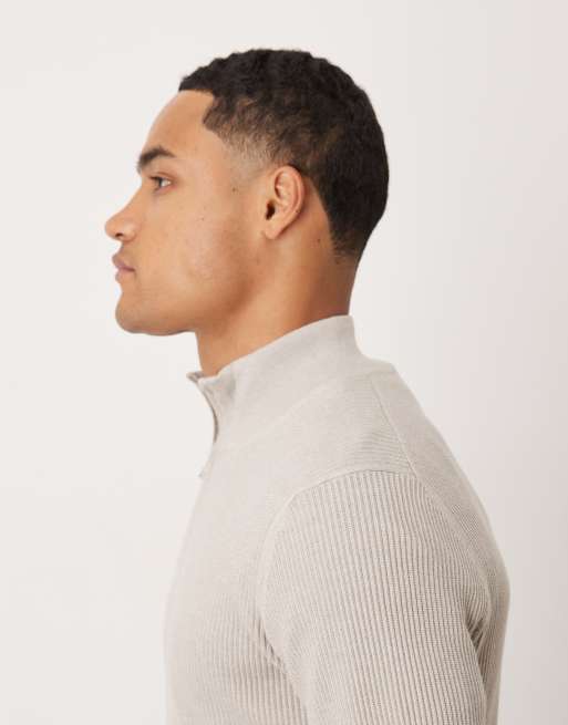 Mango – Gerippter Baumwollmix-Pullover in Ecru mit kurzem Reißverschluss, 4 von 5