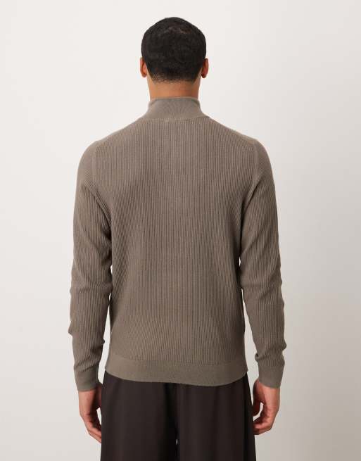 Mango – Gerippter Pullover aus Baumwollmix in Braun mit kurzem Reißverschluss, 3 von 5