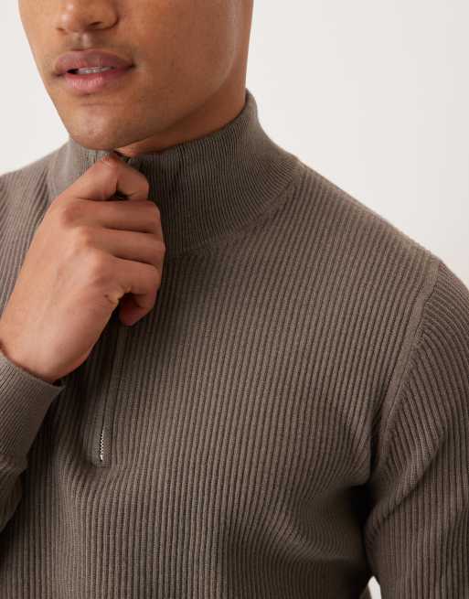 Mango – Gerippter Pullover aus Baumwollmix in Braun mit kurzem Reißverschluss, 5 von 5