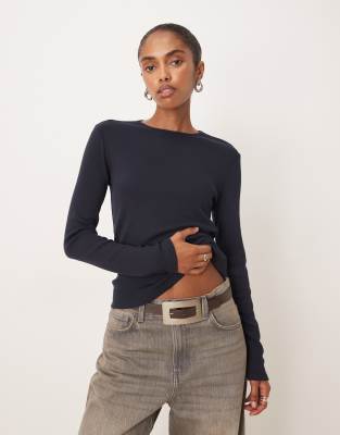 Mango - Geripptes langärmliges Shirt in Marineblau