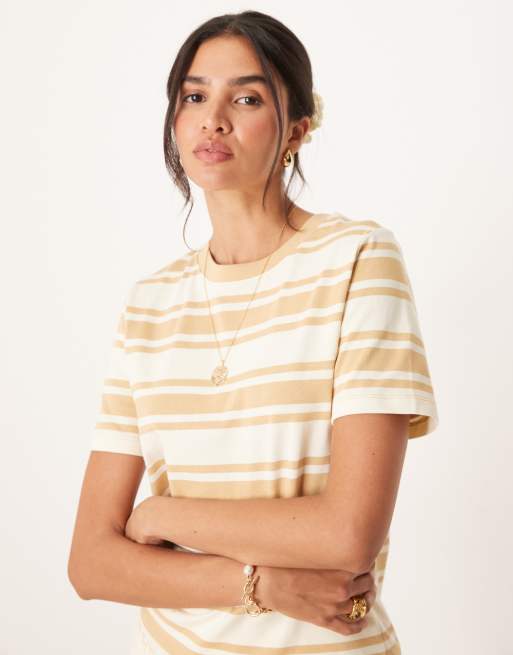 Mango – Geripptes T-Shirt mit Streifen in Creme und Weiß