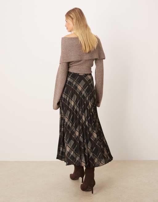Mango - Geruite maxi rok met plooien in bruin, 3 van 5