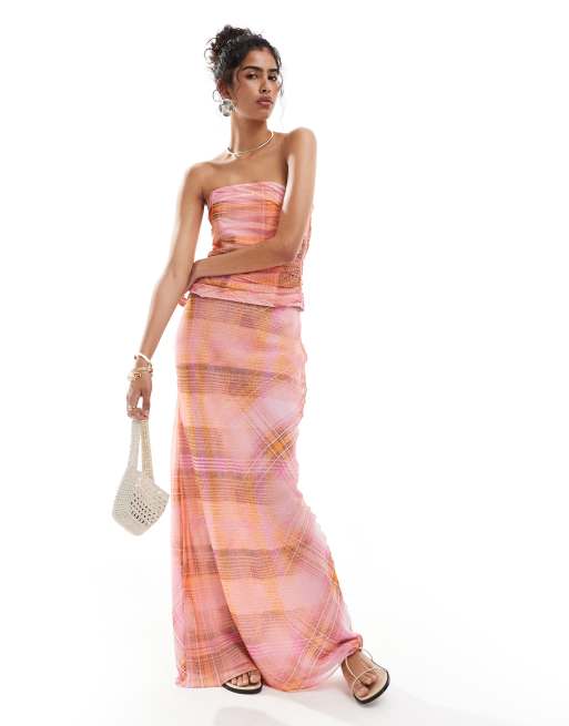 Mango - Geruite rok in roze en oranje, deel van co-ord set