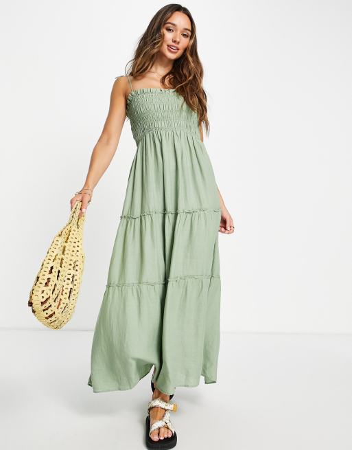 Mango – Gesmoktes Midikleid aus Popeline in Khaki mit Bindedetail