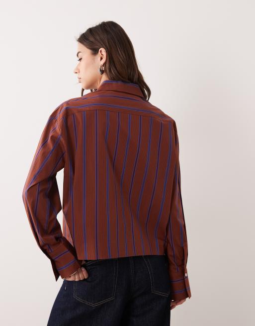 Mango - Gestreept overhemd van 100% katoen in roestbruin en blauw, 4 van 4