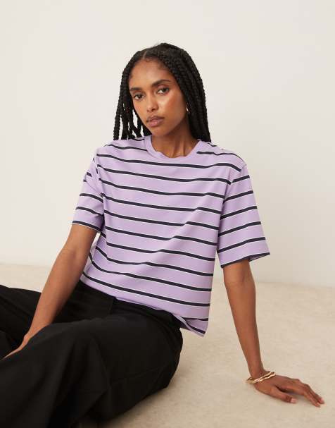 Mango - Gestreept recht T-shirt in lila - view 1