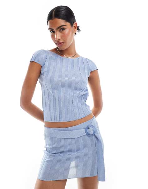 Mango - Gestreept T-shirt met lage rug in blauw, deel van co-ord set - view 1