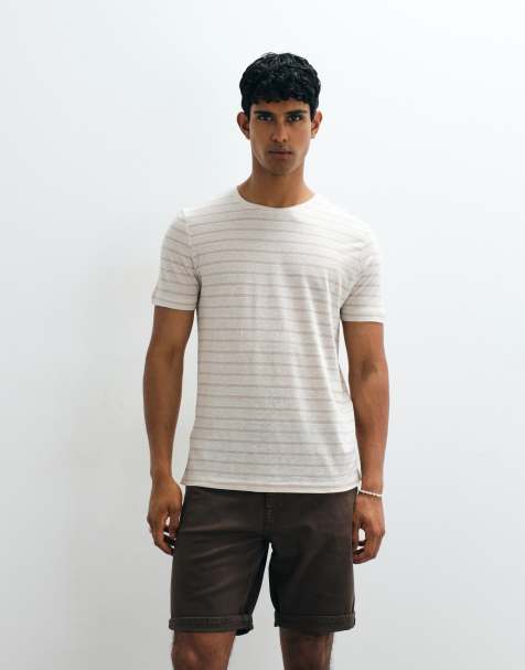 Mango - Gestreept T-shirt van linnenmix in beige - view 1