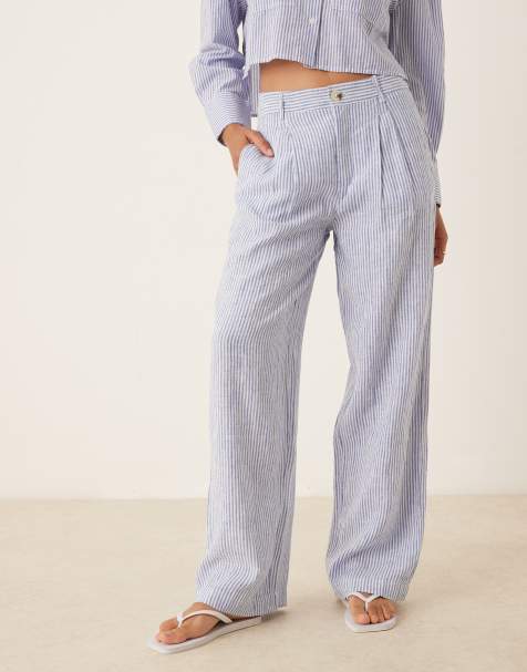 Mango - Gestreepte co-ord set van linnenmix met broek en cropped overhemd in lichtblauw - view 1