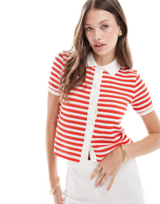 Mango - Gestreepte gebreide polotop in rood