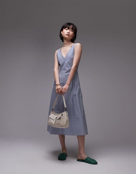 Mango - Gestreepte katoenen midi jurk met V-hals in blauw - view 1