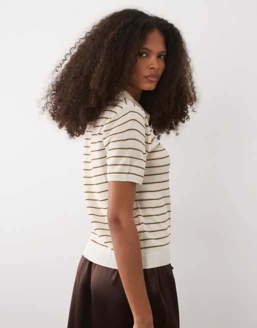 Mango - Gestreepte polotop met korte mouwen in crème en bruin, 4 van 4
