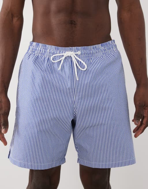 Mango - Gestreepte seersucker zwemshort in blauw, 4 van 5