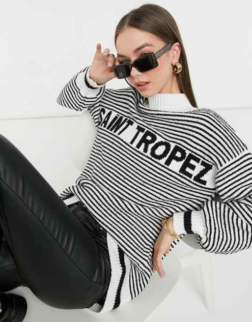 Mango - Gestreepte trui met 'St Tropez' print in zwart-wit