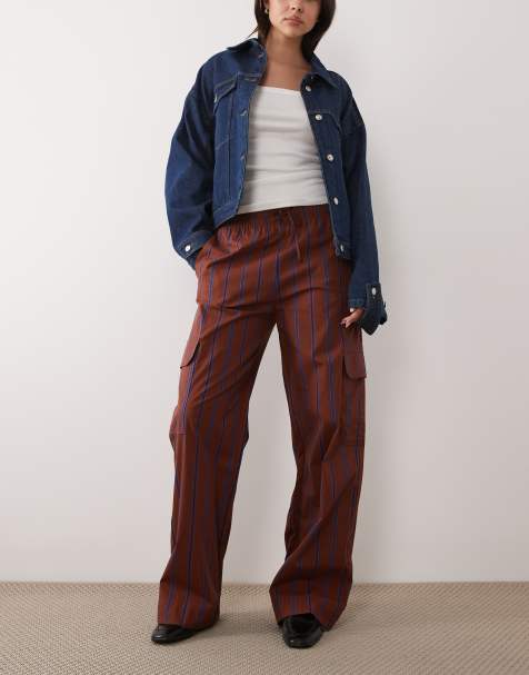 Mango - Gestreepte utility-broek van katoen met rechte pijpen en gestrikte taille in roestbruin en blauw - view 1