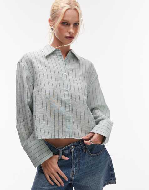 Mango – Gestreifte Cropped-Hemdbluse in Blassgrün - view 1