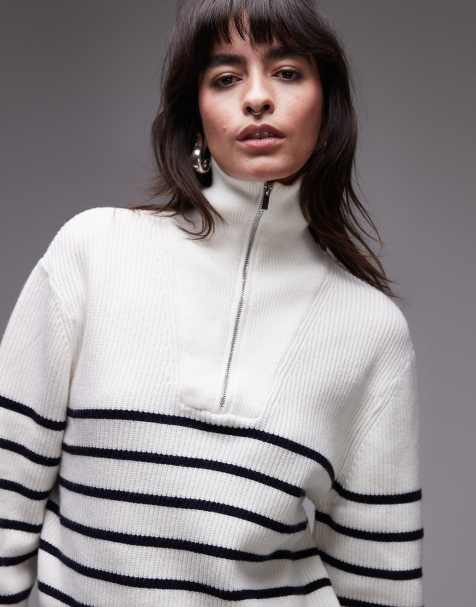 Mango – Gestreifter Pullover in Weiß mit kurzem Reißverschluss - view 1