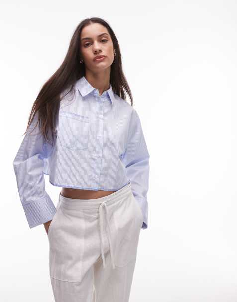 Mango – Gestreiftes Cropped-Hemd in Blassblau - view 1