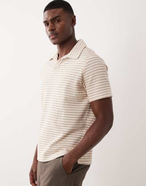 Mango – Gestreiftes T-Shirt in Beige mit hohem Baumwollanteil und Reverskragen - view 1