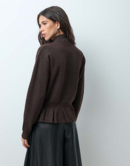 Mango gestrickte Jacke mit Schößchen-Saum und durchgehendem Reißverschluss in Schokobraun, 4 von 4