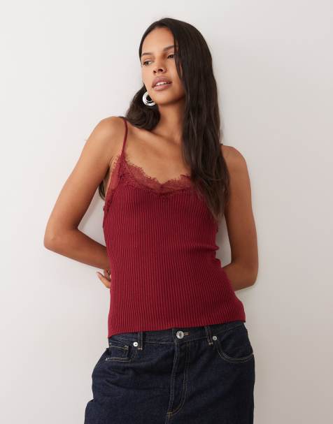Mango gestricktes Camisole-Top mit Spitzenbesatz in Weinrot - view 1