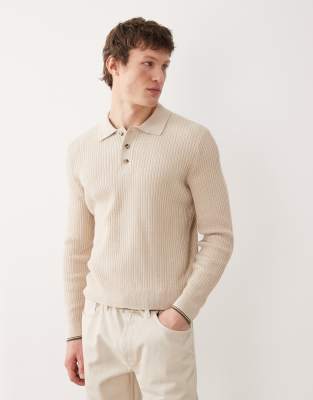Gestricktes Polohemd aus Baumwollmix in Ecru-Neutral Neutral L