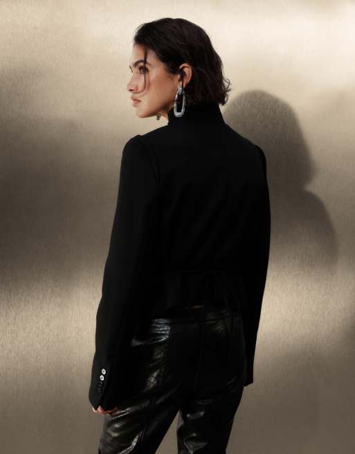 Mango gestructureerde blazer van 100% wol met opstaande kraag in zwart, 4 van 4