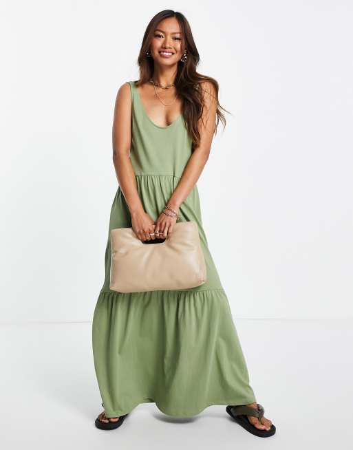 Mango – Gestuftes Hängerkleid in Khaki mit Rundhalsausschnitt