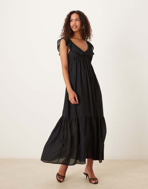 Mango – Gestuftes Maxikleid in Schwarz mit V-Ausschnitt - view 1