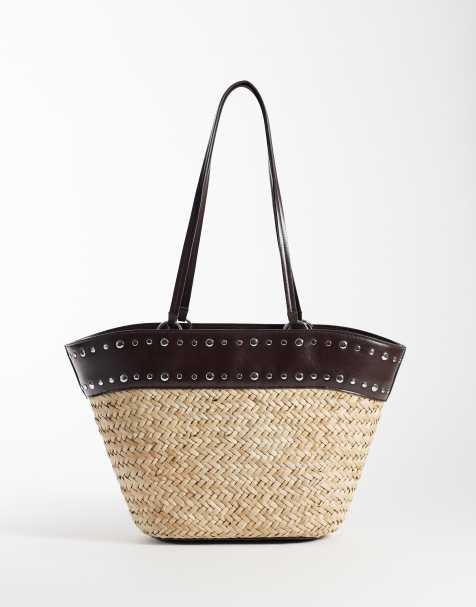 Mango - Geweven handtas van imitatieleer met studs langs de rand in beige - view 1