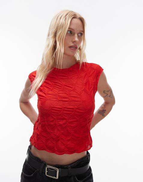 Mango - Geweven mouwloze top met textuur aan de voorkant in rood - view 1