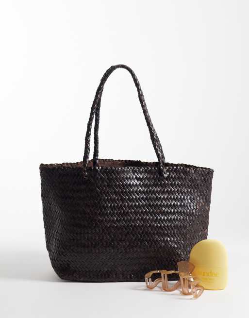 Mango - Geweven tote tas van 100% leer in chocoladebruin, 2 van 4