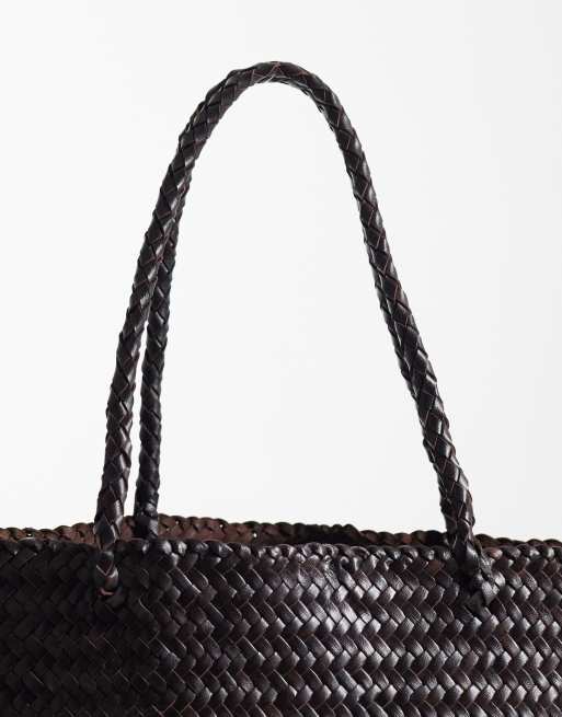 Mango - Geweven tote tas van 100% leer in chocoladebruin, 3 van 4