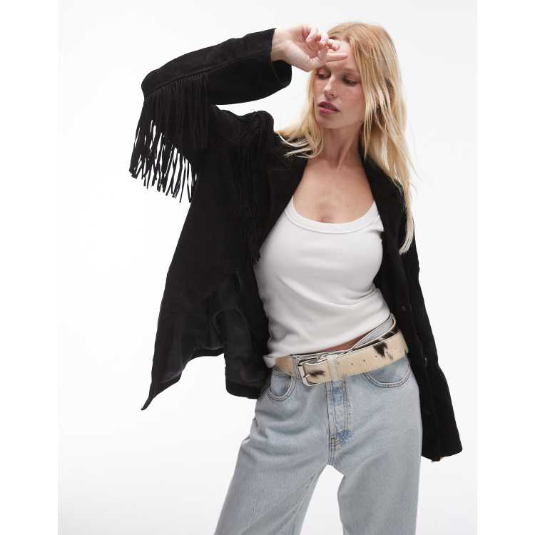 Mango Giacca effetto camoscio nera con frange sulle maniche ASOS