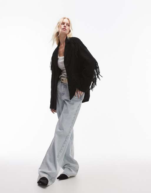 Mango Giacca effetto camoscio nera con frange sulle maniche ASOS