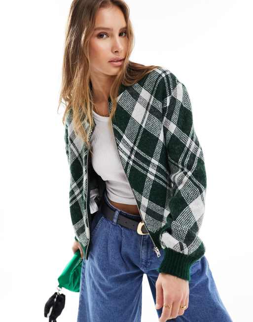 Mango - Giacca in maglia verde a quadri scozzesi con zip