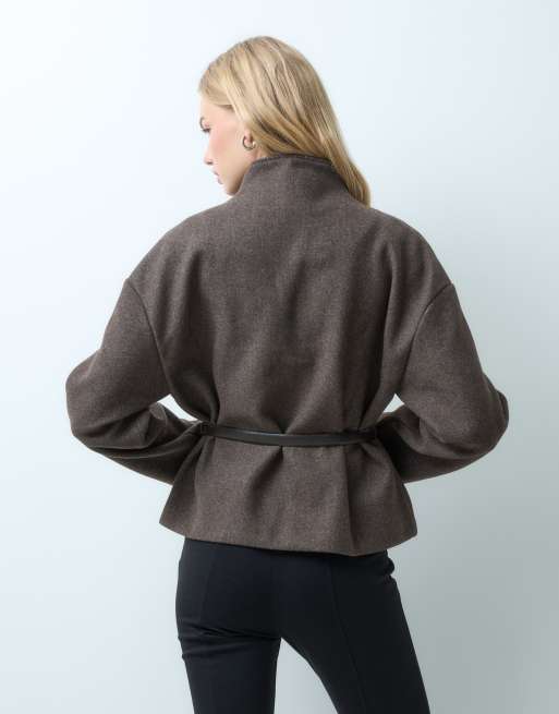 Mango giacca senza colletto con cintura marrone, 4 di 4