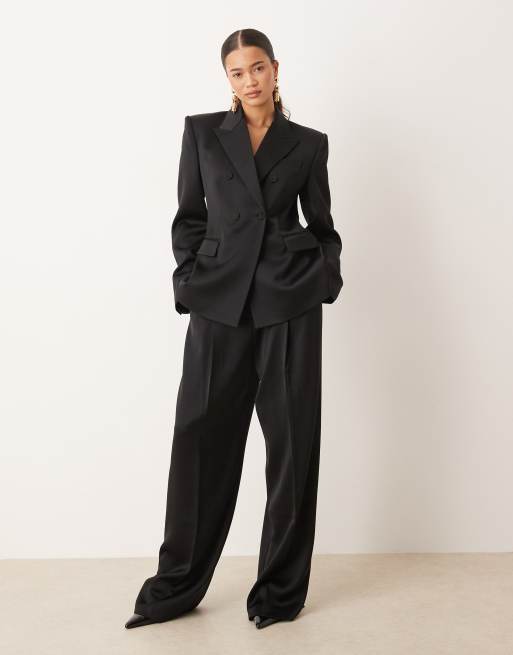 Mango Gilda satin look tailored blazer co-ord in black, 3 of 4