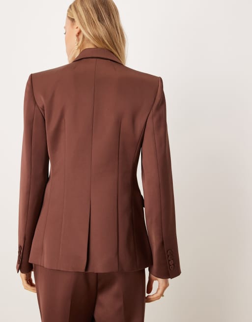 Mango Gilda satin tailored blazer co-ord in brown, 4 of 4