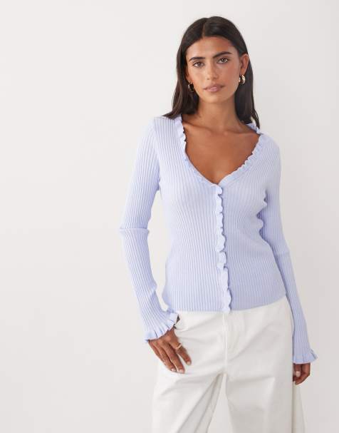 Mango gilet à col V avec détail volanté bleu - view 1